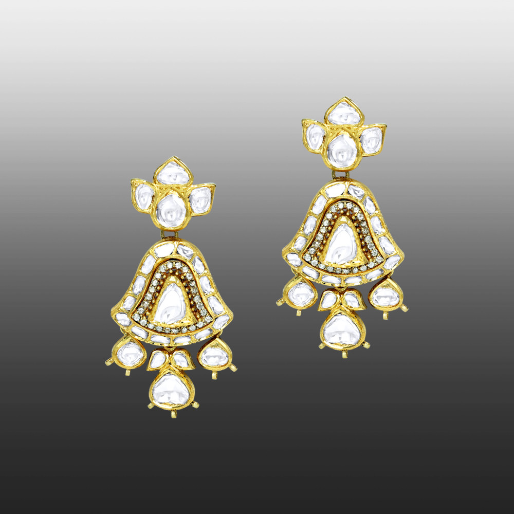 Polki Necklace Set with Fan Motifs and Matching Drops